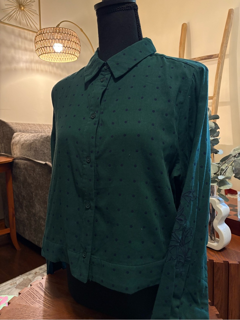 Dark Green Polka Dot Button-Up Shirt